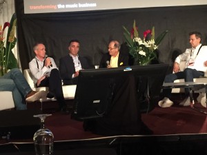 Heavy hitters on the Label Heads panel (L-R): Tom Corson, President/COO, RCA Records; Avery Lipman, Founder/President, Republic Records; panel moderator Ralph Simon, Founder/CEO, Mobilium Global; Craig Kallman, Chairman/CEO, Atlantic Records