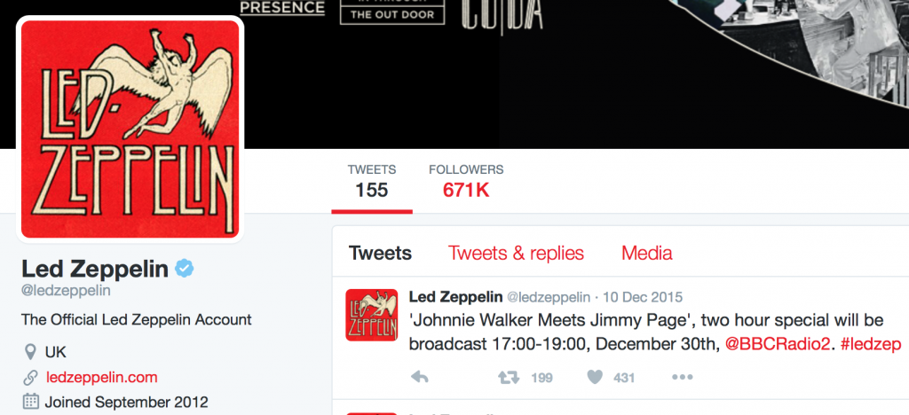 Ramble on? Led Zeppelin's Twitter account has had only one tweet since July 2015