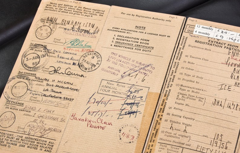 Lennon's original Title to the vehicle comes with the auction purchase