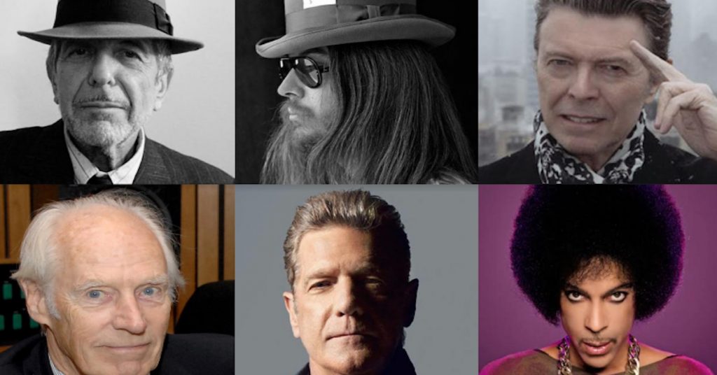 Some of those we lost in 2016. On top row, l. to r.: Leonard Cohen, Leon Russell, David Bowie. Bottom row: George Martin, Glenn Frey, Prince