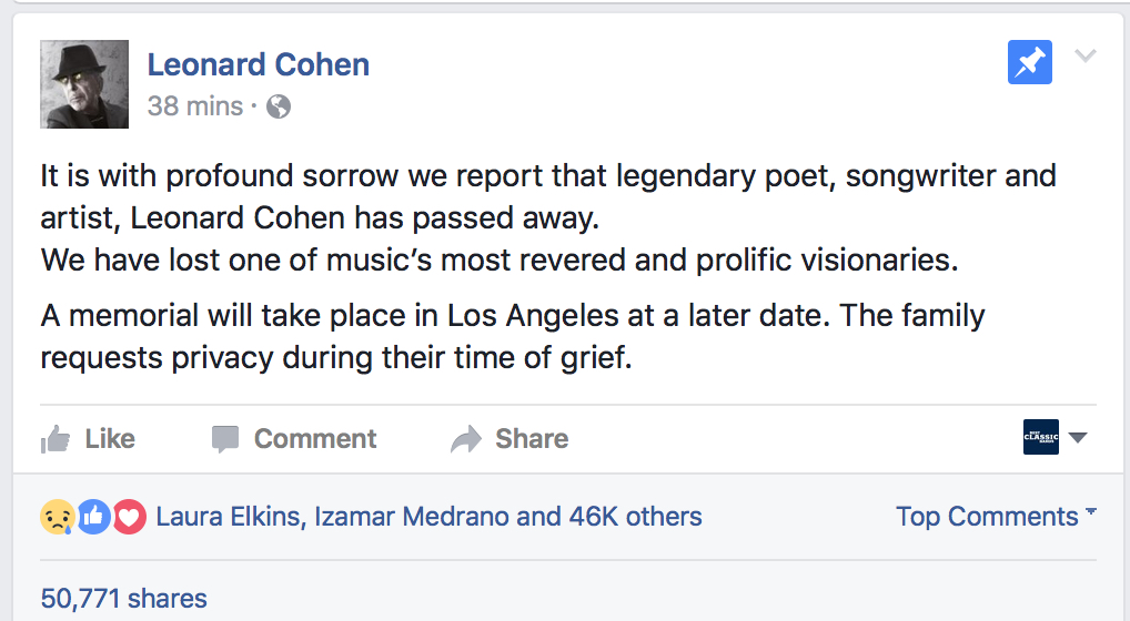 The announcement via Cohen's Facebook page