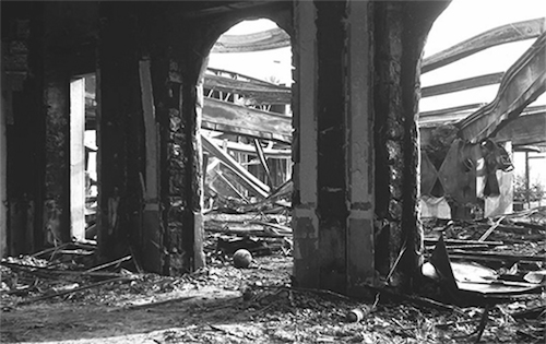 The ruins of the Montreux casino complex in 1971. The fire was the inspiration for Deep Purple's "Smoke on the Water."